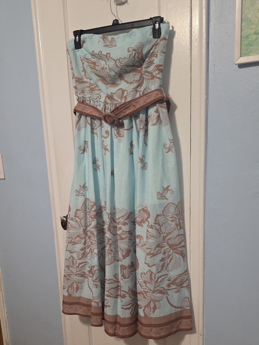 Miss Avenue Strapless Floral Maxi Dress in Light Blue and Taupe